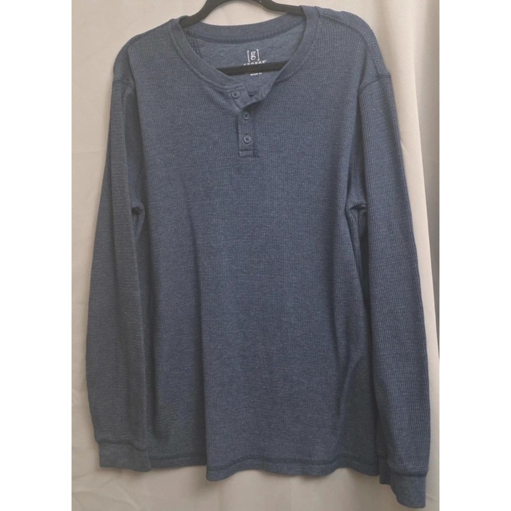 George Mens Blue Waffle Knit Henley Long Sleeve Thermal Shirt XL